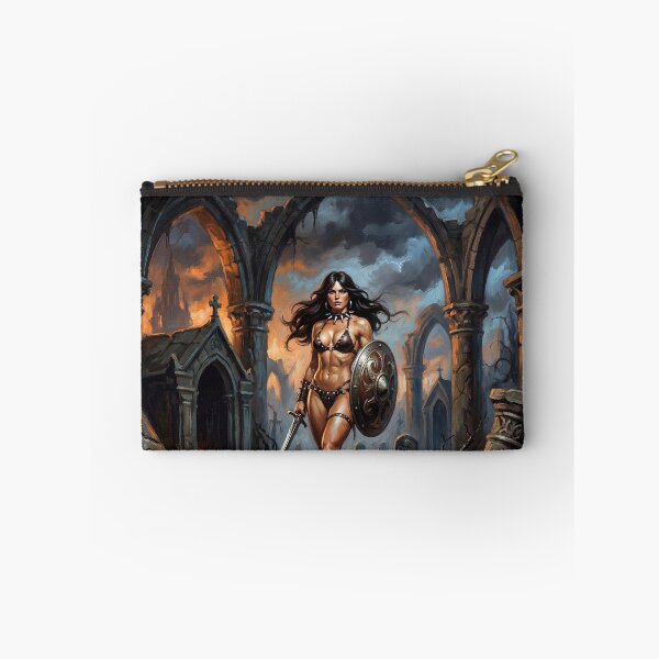 Item preview, Muscled Barbarian Woman posing with her sword and shield illustration fantasy art style designed and sold by Vintage Designs +.