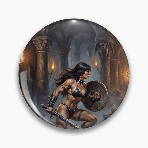 Artikelvorschau, Muskulöse Barbarin posiert mit Schwert und Schild – Illustration im Fantasy-Stil entworfen und verkauft von Vintage Designs +.