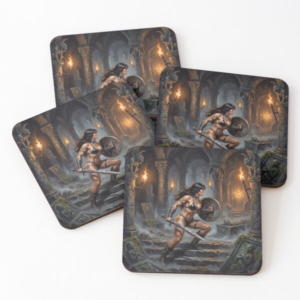 Item preview,  Muscled Barbarian Woman posing with her sword and shield illustration fantasy art style designed and sold by Vintage Designs +.