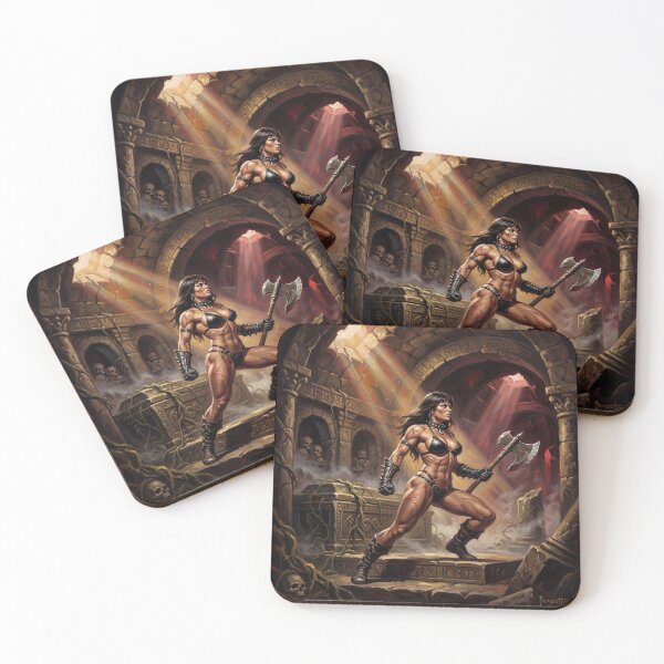 Item preview, Muscled Barbarian Woman posing with her axe illustration fantasy art style designed and sold by Vintage Designs +.