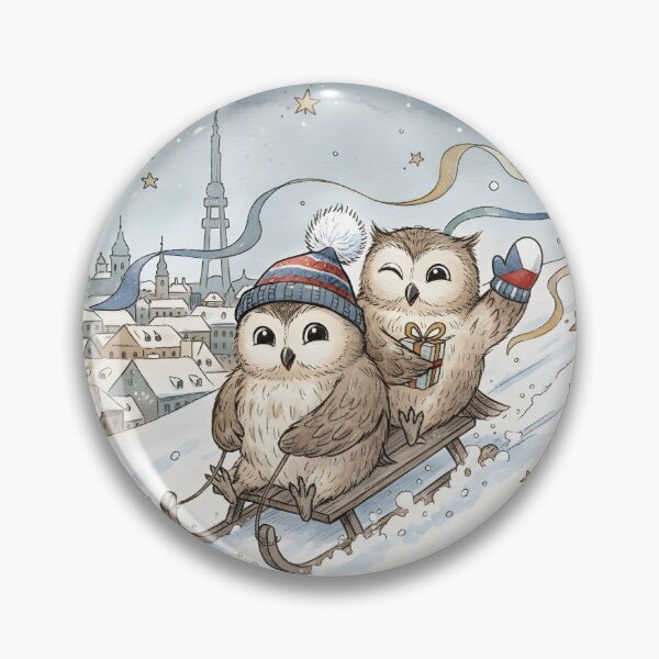Item preview, Two Cute Owls Sledding – Petřín Hill Prague Christmas designed and sold by FixwellStudio.