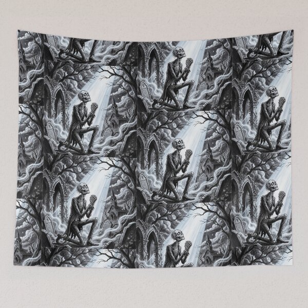Item preview, a Zombie prays in a dark cemetery Gothic Horror art designed and sold by Vintage Designs +.