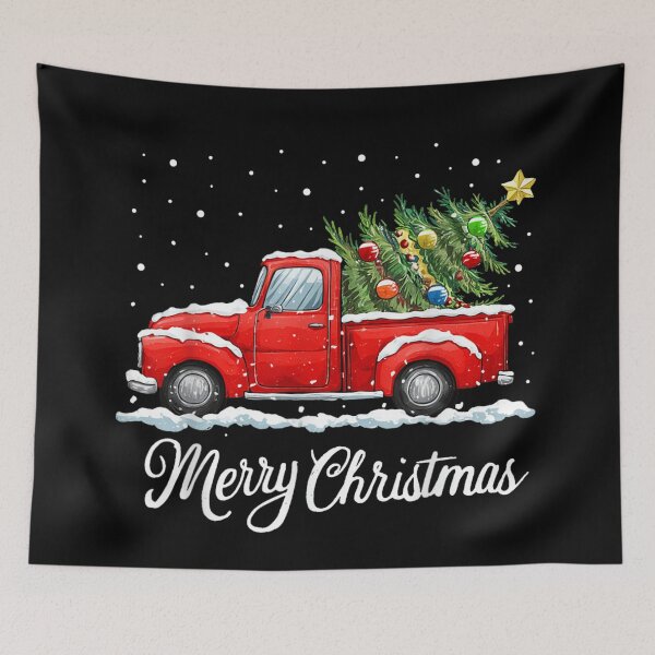 Item preview, Title: Vintage Red Truck Carrying Christmas Tree Merry Christmas Snow Scene designed and sold by CrinoSwice.