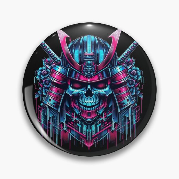 Item preview, Cyberpunk Samurai Skull with Neon Blossoms designed and sold by Dogandesighn.