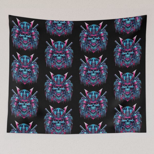 Item preview, Cyberpunk Samurai Skull with Neon Blossoms designed and sold by Dogandesighn.