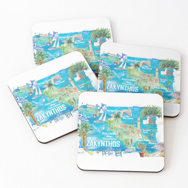 Item preview, Zakynthos Zante Illustrated Greece Island Travel Map in Ionian Sea with Roads and Tourist Highlights designed and sold by artshop77.