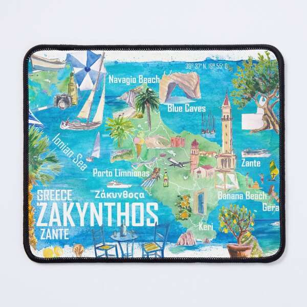 Item preview, Zakynthos Zante Illustrated Greece Island Travel Map in Ionian Sea with Roads and Tourist Highlights designed and sold by artshop77.