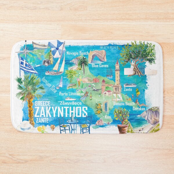 Item preview, Zakynthos Zante Illustrated Greece Island Travel Map in Ionian Sea with Roads and Tourist Highlights designed and sold by artshop77.