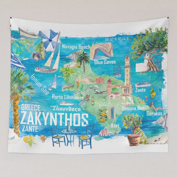 Item preview, Zakynthos Zante Illustrated Greece Island Travel Map in Ionian Sea with Roads and Tourist Highlights designed and sold by artshop77.