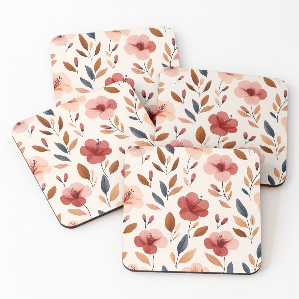 Item preview, The image showcases a seamless floral pattern with stylized hibiscus flowers and leaves in shades of pink, orange, brown, and navy on a light cream designed and sold by rujlaphusstudio.