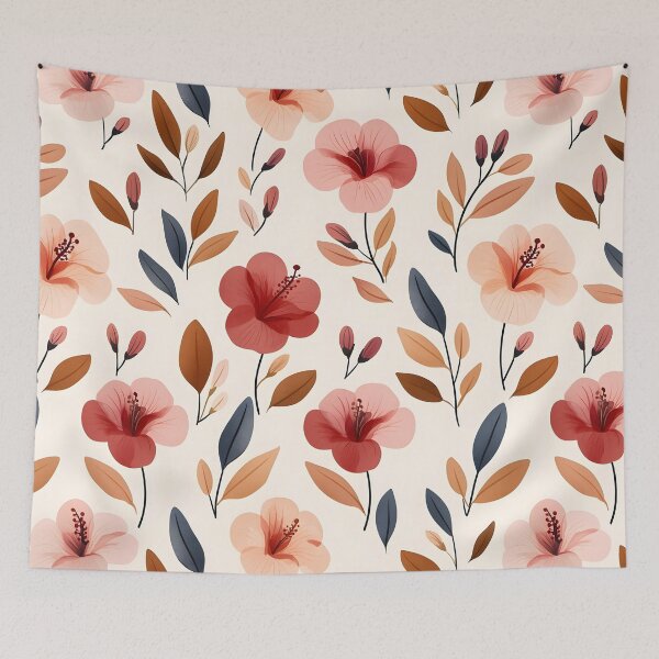 Item preview, The image showcases a seamless floral pattern with stylized hibiscus flowers and leaves in shades of pink, orange, brown, and navy on a light cream designed and sold by rujlaphusstudio.