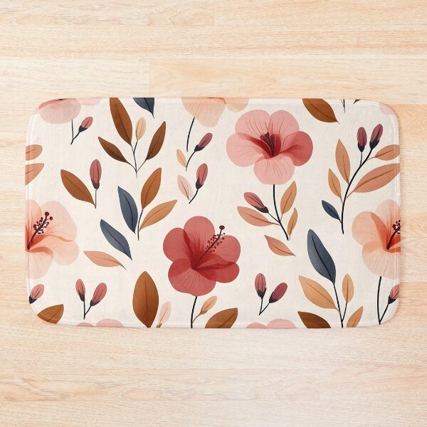Item preview, The image showcases a seamless floral pattern with stylized hibiscus flowers and leaves in shades of pink, orange, brown, and navy on a light cream designed and sold by rujlaphusstudio.
