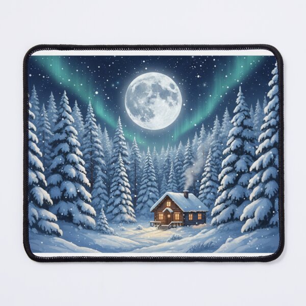Item preview, "Winter Cabin Aurora Northern Lights - Snowy Forest Moon Christmas Gift" designed and sold by jkaestheticss.