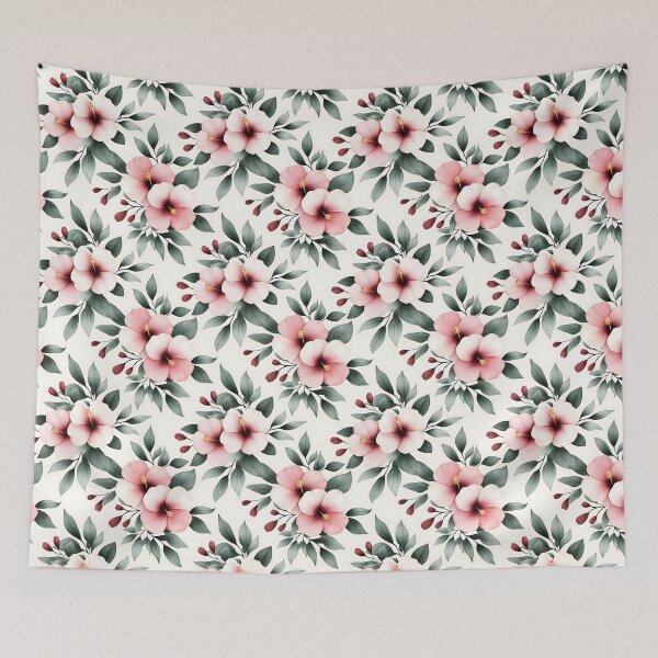 Item preview, This image is a floral pattern featuring pink hibiscus flowers and green leaves set against a cream-colored background, creating a soft and elegant aesthetic. designed and sold by rujlaphusstudio.
