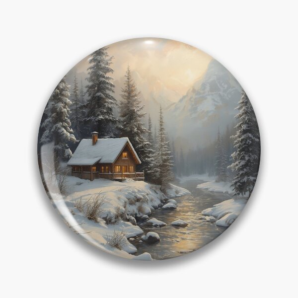 Item preview, Cozy Winter Cabin Art – Snowy Mountain Landscape Wall Print designed and sold by AMPrintsArt.