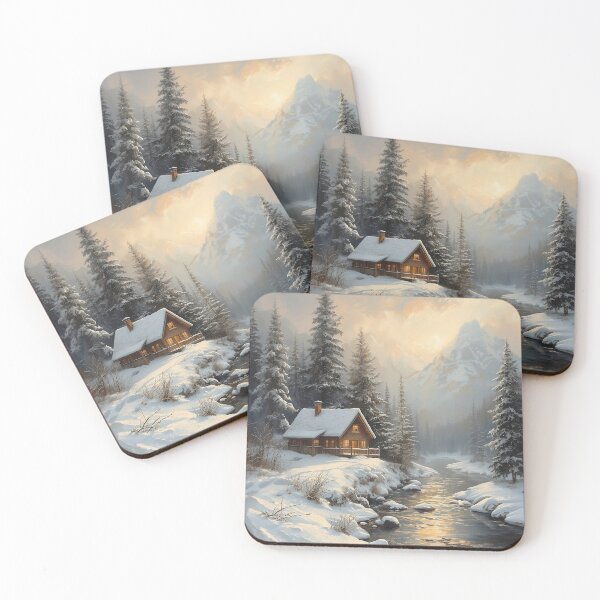 Item preview, Cozy Winter Cabin Art – Snowy Mountain Landscape Wall Print designed and sold by AMPrintsArt.