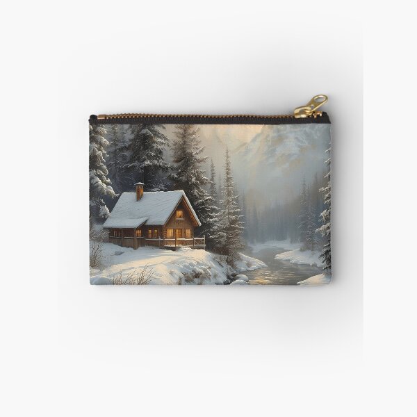 Item preview, Cozy Winter Cabin Art – Snowy Mountain Landscape Wall Print designed and sold by AMPrintsArt.