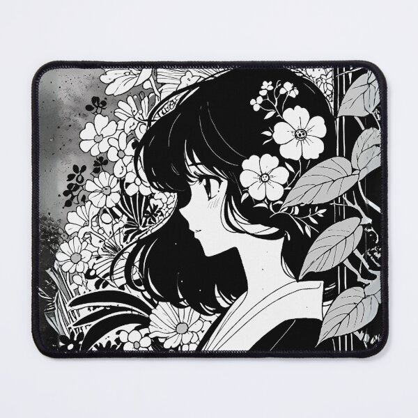 Aperçu de l'œuvre Anime asiatique en noir et blanc, fille manga, fleurs sauvages créée et vendue par TackyTime.