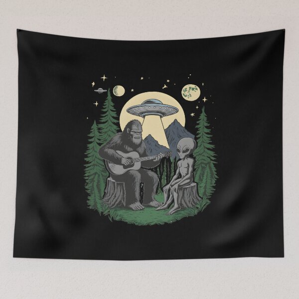 Item preview, Bigfoot Play Guitar with Alien and UFO, Bigfoot and alien, gift for outdoor lover, Woodland, Camping, Sasquatch designed and sold by DesignDenDo ⭐⭐⭐⭐⭐.