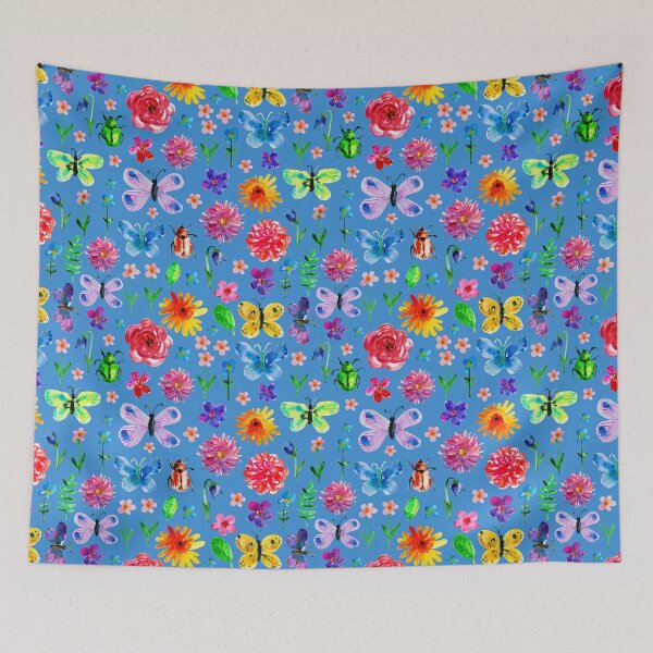 Item preview, Summer pattern with butterfly, beetle, flowers on blue. designed and sold by bokasin.