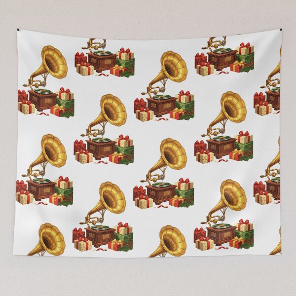 Item preview, Vintage gramophone with Christmas tree and gifts in festive setting during holiday season designed and sold by SpaceartLilu.