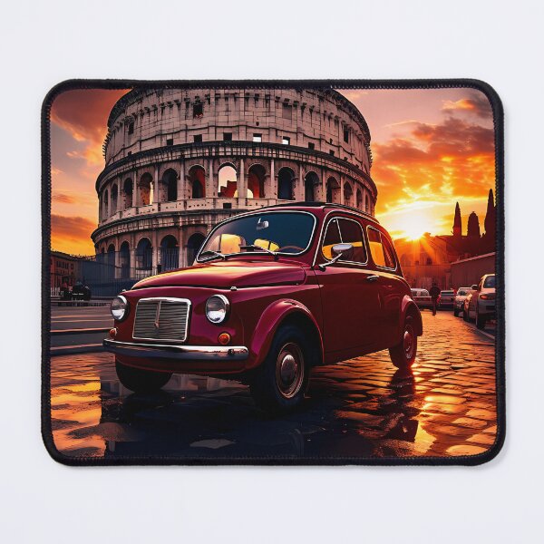 Item preview, Retro Italian car glowing under dramatic Colosseum evening sky designed and sold by RevUpDesign.
