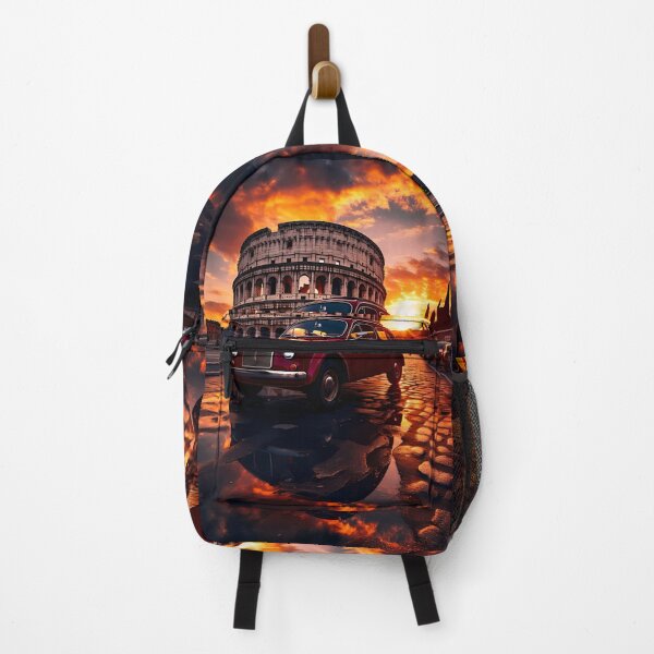 Item preview, Retro Italian car glowing under dramatic Colosseum evening sky designed and sold by RevUpDesign.
