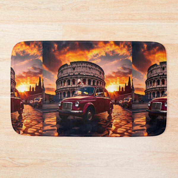 Item preview, Retro Italian car glowing under dramatic Colosseum evening sky designed and sold by RevUpDesign.