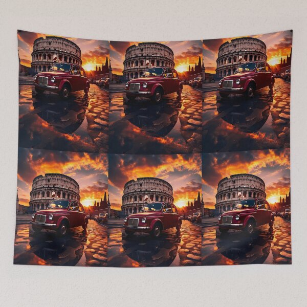 Item preview, Retro Italian car glowing under dramatic Colosseum evening sky designed and sold by RevUpDesign.
