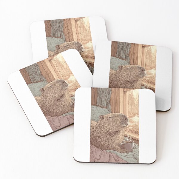 Item preview, Blissful Capybara Art Print, Cozy Rustic Cabin, Linocut Style Animal Wall Art designed and sold by MadeByACJ.
