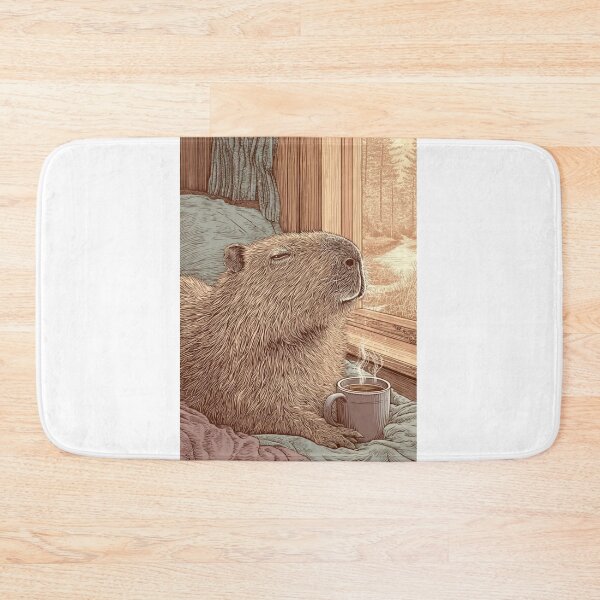 Item preview, Blissful Capybara Art Print, Cozy Rustic Cabin, Linocut Style Animal Wall Art designed and sold by MadeByACJ.