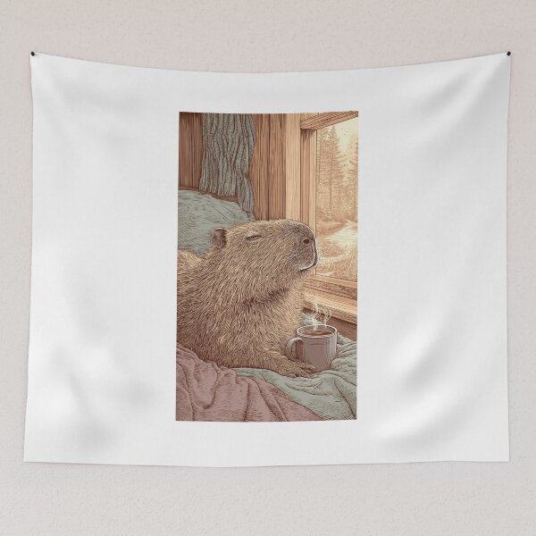 Item preview, Blissful Capybara Art Print, Cozy Rustic Cabin, Linocut Style Animal Wall Art designed and sold by MadeByACJ.