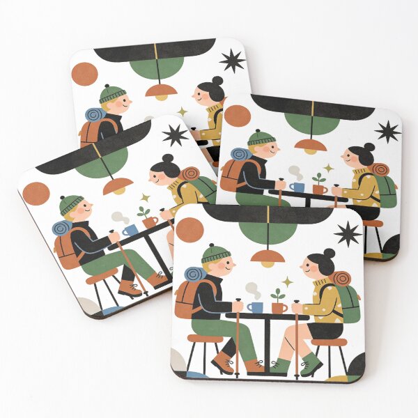 Item preview, Textured Mid-Century Modern Hikers Coffee Break | Geometric Outdoor Couple Art designed and sold by Cherrydora.