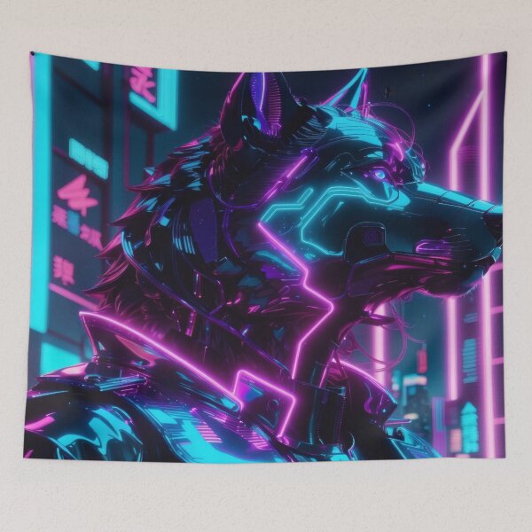 Item preview, Neon Cyber Wolf Sentinel — Futuristic Synthwave Cyberpunk Guardian Art designed and sold by Visualynx.