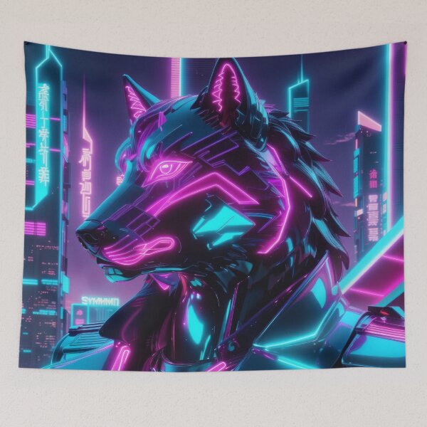 Item preview, Neon Cyber Wolf Sentinel — Futuristic Synthwave Cyberpunk Guardian Art designed and sold by Visualynx.