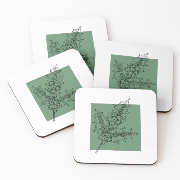 Item preview, Vintage Drawing of Holly on Green Square - Christmas! designed and sold by YonderAndBeyond.