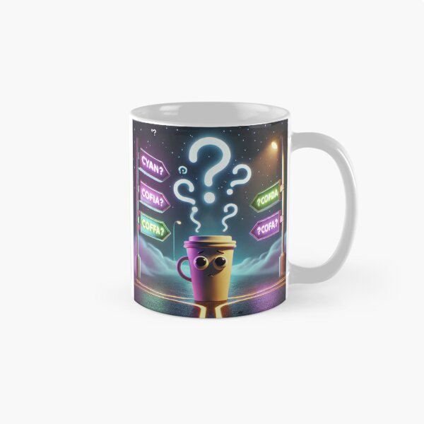 Item preview, Lost Coffee Cup at Crossroads – Funny Neon Confusion Art designed and sold by ComedyInkFactor.
