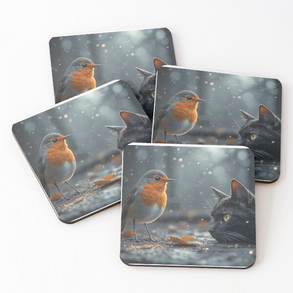 Item preview, Christmas Dinner! A black cat eyes a Robin. designed and sold by siobhanwyman.