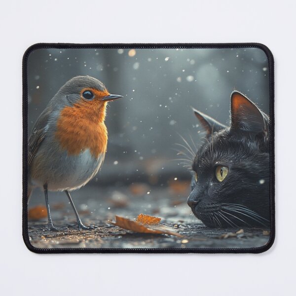 Item preview, Christmas Dinner! A black cat eyes a Robin. designed and sold by siobhanwyman.