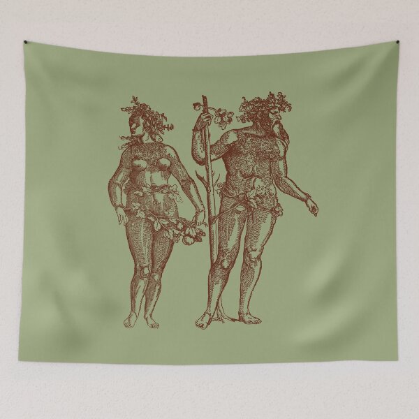 Item preview, Wild Man & Wild Woman' Hans Guldenmond Woodcut (olive green and sepia brown) designed and sold by Larkwort.
