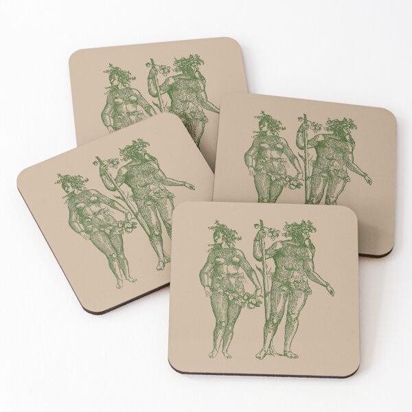 Item preview, Wild Man & Wild Woman' Hans Guldenmond Woodcut (green and peachy brown) designed and sold by Larkwort.