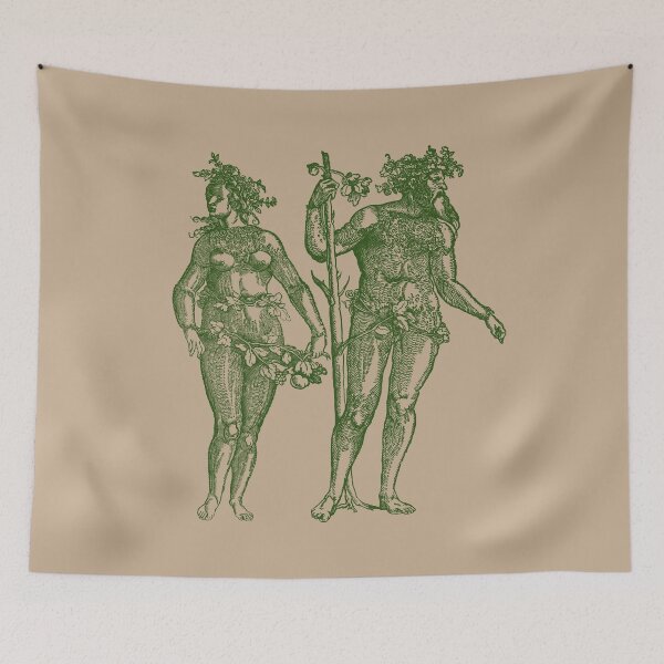 Item preview, Wild Man & Wild Woman' Hans Guldenmond Woodcut (green and peachy brown) designed and sold by Larkwort.