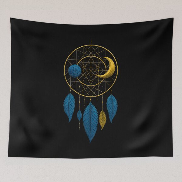 Aperçu de l'œuvre Attrape-rêves géométrique – Art de la lune et des plumes créée et vendue par Jack’s Shirts Craft.