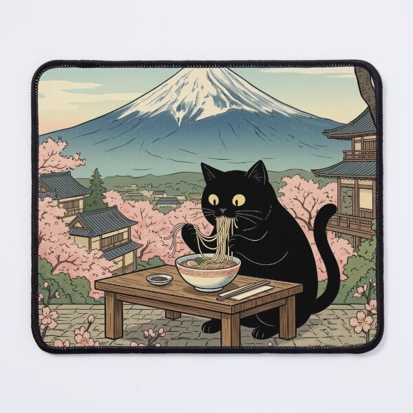 Item preview, Gourmet Neko – Black Cat Eating Ramen Under Sakura | Japanese Retro Wall Art designed and sold by Gourmet Neko Art | .