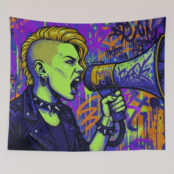 Item preview, Radical Voice Punk Activism - Neon Blue and Orange Side Shave Street Art designed and sold by AldenTees.