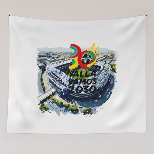 Item preview, World Cup 2030 Yalla Vamos Stadium Illustration – Vibrant Football Artwork designed and sold by DesignArtist.ia.