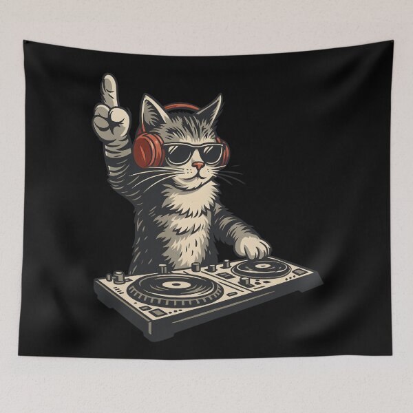 Item preview, Funny  Cool DJ Cat Disc Jockey Kitty Artwork with Headphones designed and sold by DrawHandArt.