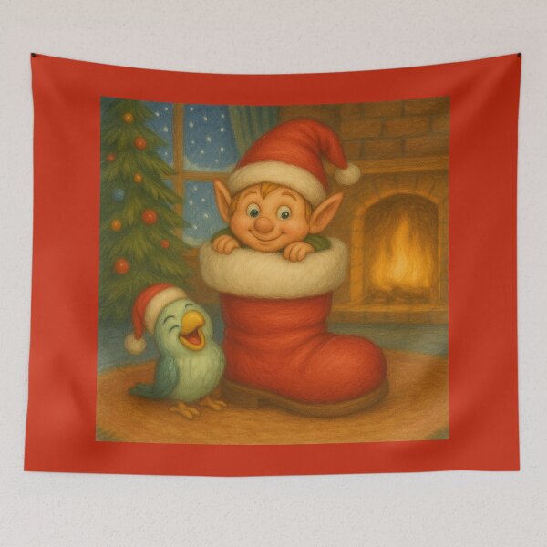Item preview, Birdie And His Little Elf – Christmas Coziness designed and sold by LegademaArt.