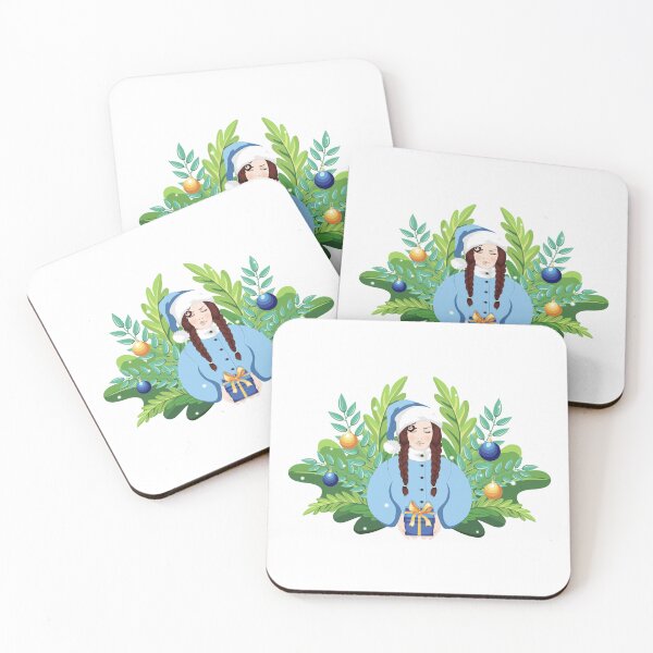 Item preview, Festive brunette Woman with braids in blue Santa outfit offering a Gift, surrounded by Christmas greenery and Holiday decorations designed and sold by KosaUA.