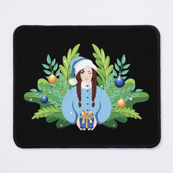 Item preview, Festive brunette Woman with braids in blue Santa outfit offering a Gift, surrounded by Christmas greenery and Holiday decorations designed and sold by KosaUA.